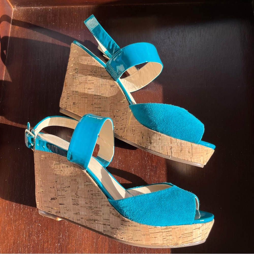 Talbots Blue Leather/Suede Peep Toe 4" Wedge Heels Pumps Sandals Size 9